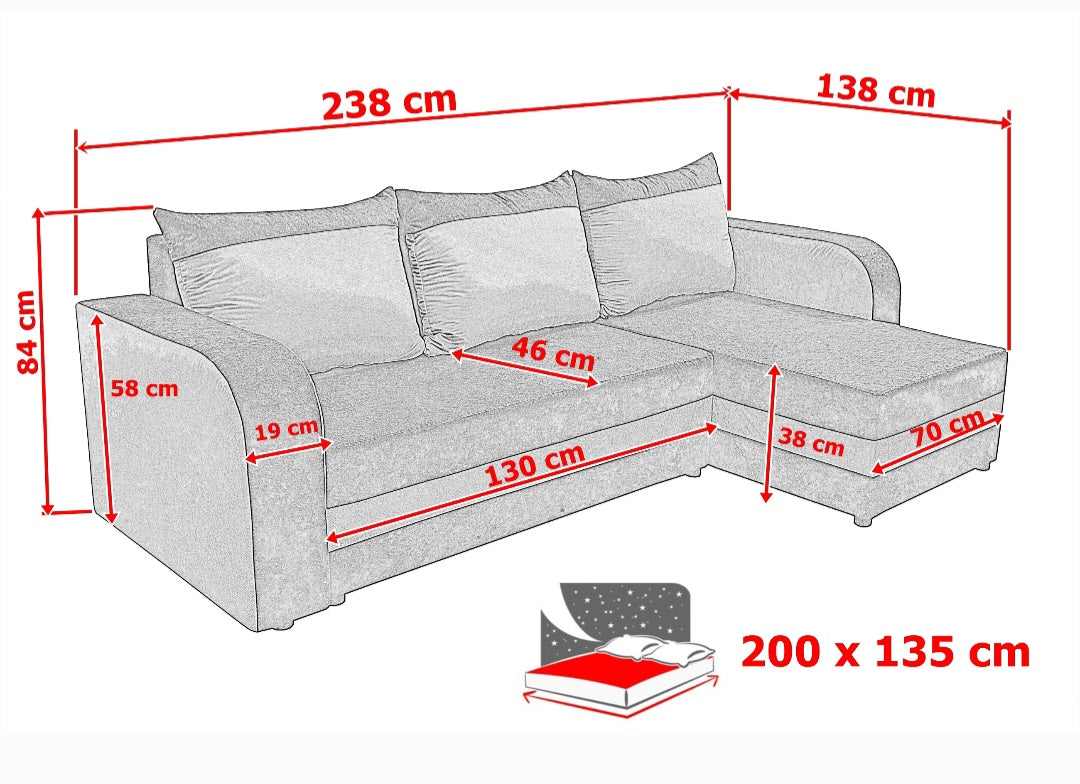 CORNER SOFA BED ALEXA RED/BLACK 238cm universal RIGHT/LEFT CORNER / FOAMTHIS MODEL IN UNIVERSAL WHICH MEANS YOU CAN CHOOSE CORNER SIDE DURING ASSEMBLY3x PILLOWS INCLUDED1X STORAGE SPACESLEEPING FUNCTIONDIMENTIONSWidth: 238 cmDepth: 140cmSleeping area: 200