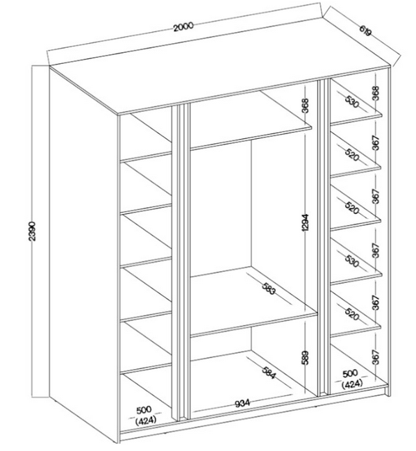 KAJA 4F 3S - AVAILABLE IN 4 COLORSDimensions: 2000 x 2390 x 619 mm (W x H x D)Number of packages: 6Front:- 16 mm laminated board- ABS edging- UA-HEXA-256-20M holder, 256 mm / aluminumBody:- 16 mm laminated board - melamine / ABS edgeDrawers:- QUADRO guide