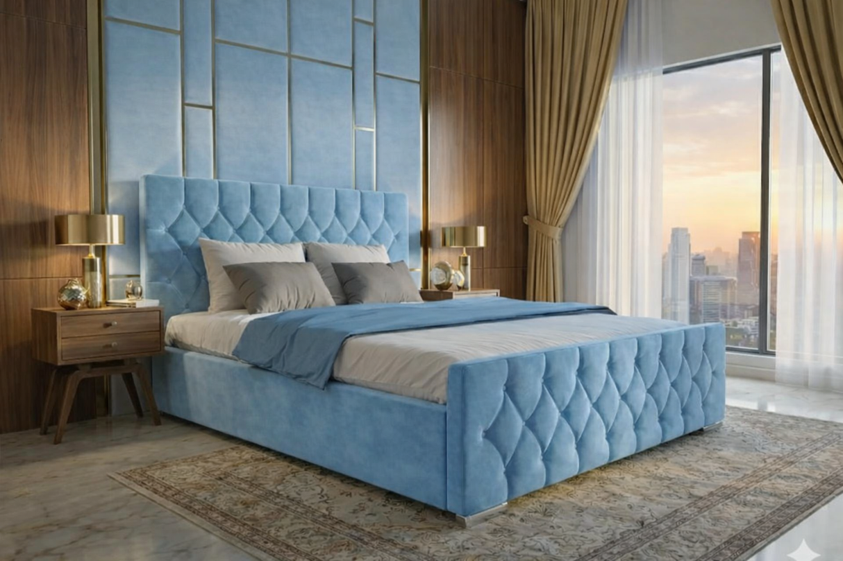 FREE DELIVERY! Luxury Velvet Chesterfield Bed with Deep Diamond Tufting & Chrome Feet – Available in All Sizes / PLUSH VELVET SKY