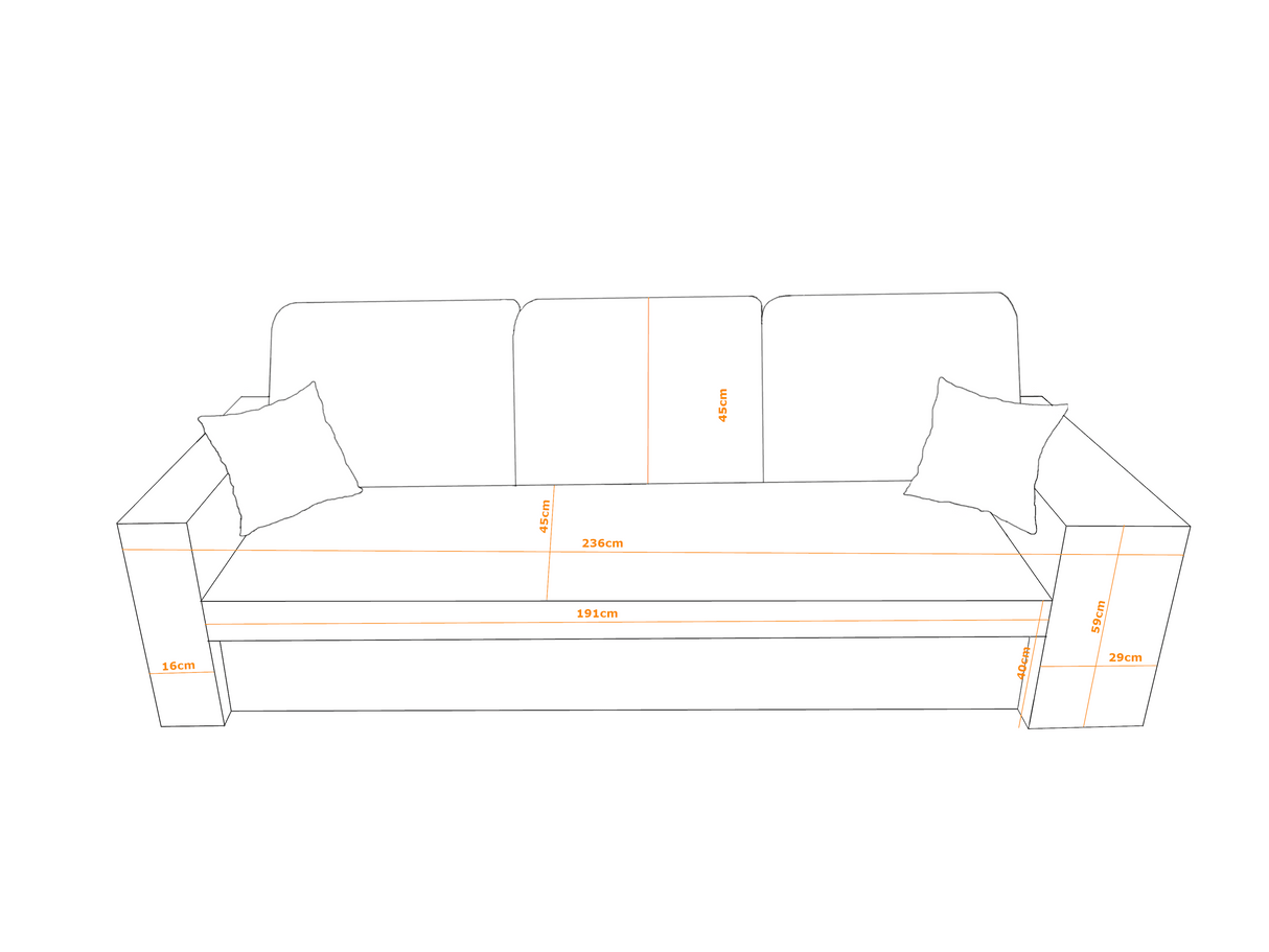 SOFA BED BALI 236CM / BONELL SPRINGS + FOAMFEATURES:BONELL SPRINGS + T28 FOAM 3 X LARGE BACKREST PILLOWS 2X SMALLER CUSHIONS 1X STORAGE SPACE 2X STOOLBed-folding function DL SYSTEM (The unfolding process involves gently lifting the seat up, extending it a