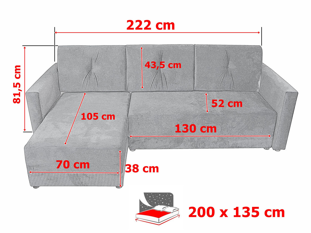 CORNER SOFA BED TEXAS 222CM UNIVERSAL RIGHT/LEFT CORNER CHOICE OF 15 COLORS / FOAMTHIS MODEL IS UNIVERSAL WHICH MEANS YOU CAN CHOOSE CORNER SIDE DURING ASSEMBLY CORNER SOFA BED TEXASFOAM T301X STORAGE SPACE3X PILLOWS MADE OF FOAMEASY CLEAN SOFT TOUCH FABR