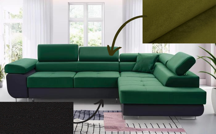 ASH II 273CM KRONOS 17 / SOFT 1114 RIGHT CORNERWavy springs + foam Large sleeping areaTOP OF THE SOFA FABRIC KRONOS 17 BOTTOM FAUX BLACK LEATHER Dimensions W: 273cm D:203cm H: 90cm Sleeping area: 195x123cmAnna Furniture