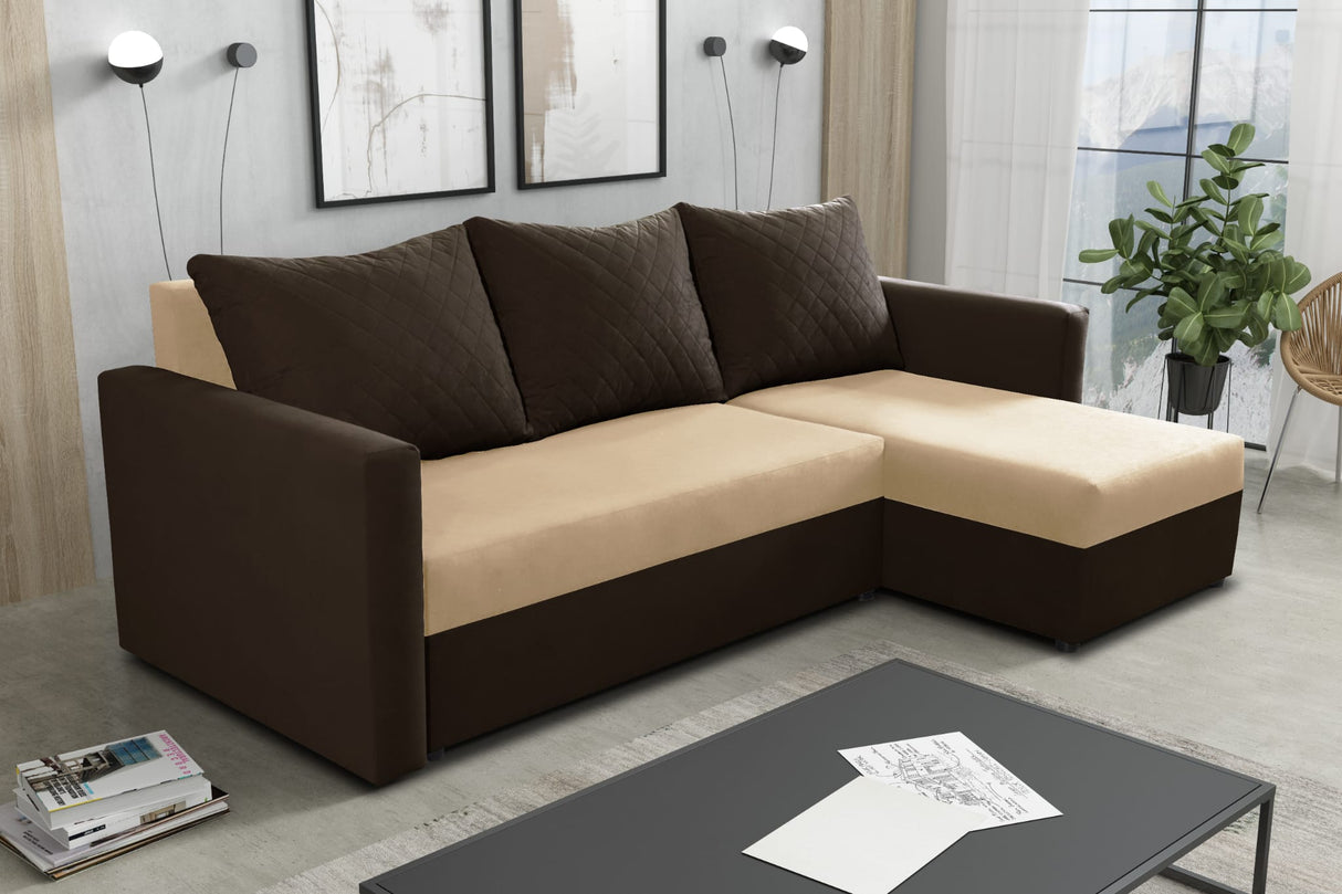 CORNER SOFA BED KEN BROWN/BIEGE 5+41 222cm universal RIGHT/LEFT CORNER / FOAMTHIS MODEL IN UNIVERSAL WHICH MEANS YOU CAN CHOOSE CORNER SIDE DURING ASSEMBLY3x PILLOWS INCLUDED1X STORAGE SPACESLEEPING FUNCTIONDIMENTIONSWidth: 222 cmDepth: 138cmSleeping area