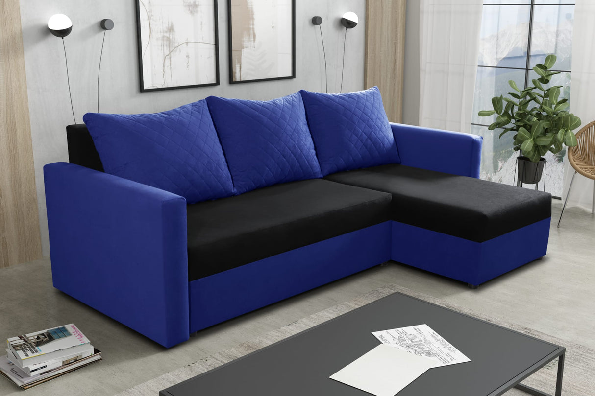 CORNER SOFA BED KEN BLACK/BLUE 15+SUE14 222cm universal RIGHT/LEFT CORNER / FOAMTHIS MODEL IN UNIVERSAL WHICH MEANS YOU CAN CHOOSE CORNER SIDE DURING ASSEMBLY3x PILLOWS INCLUDED1X STORAGE SPACESLEEPING FUNCTIONDIMENTIONSWidth: 222 cmDepth: 138cmSleeping a