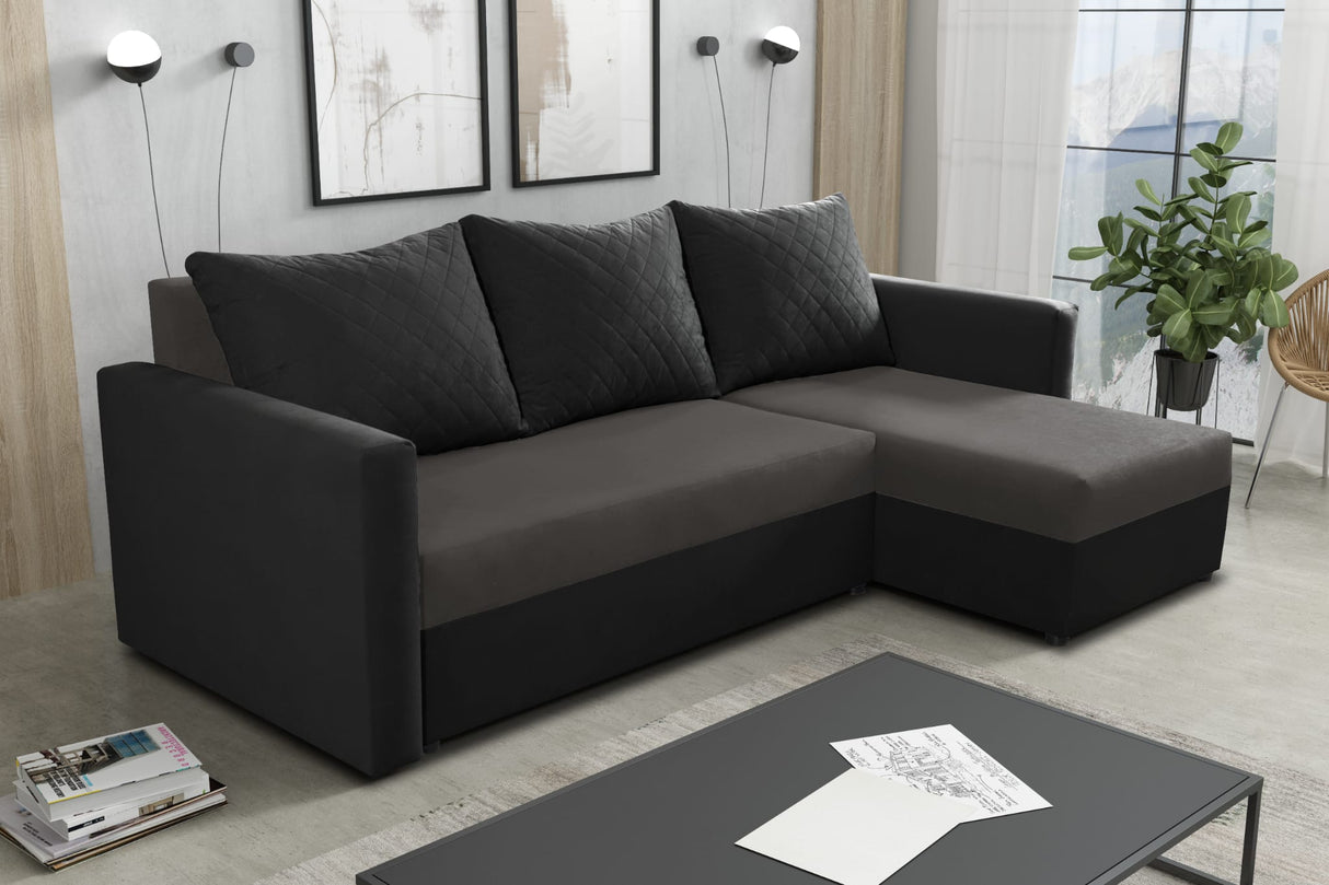CORNER SOFA BED KEN DARK GREY/BLACK 27+15 222cm universal RIGHT/LEFT CORNER / FOAMTHIS MODEL IN UNIVERSAL WHICH MEANS YOU CAN CHOOSE CORNER SIDE DURING ASSEMBLY3x PILLOWS INCLUDED1X STORAGE SPACESLEEPING FUNCTIONDIMENTIONSWidth: 222 cmDepth: 138cmSleeping