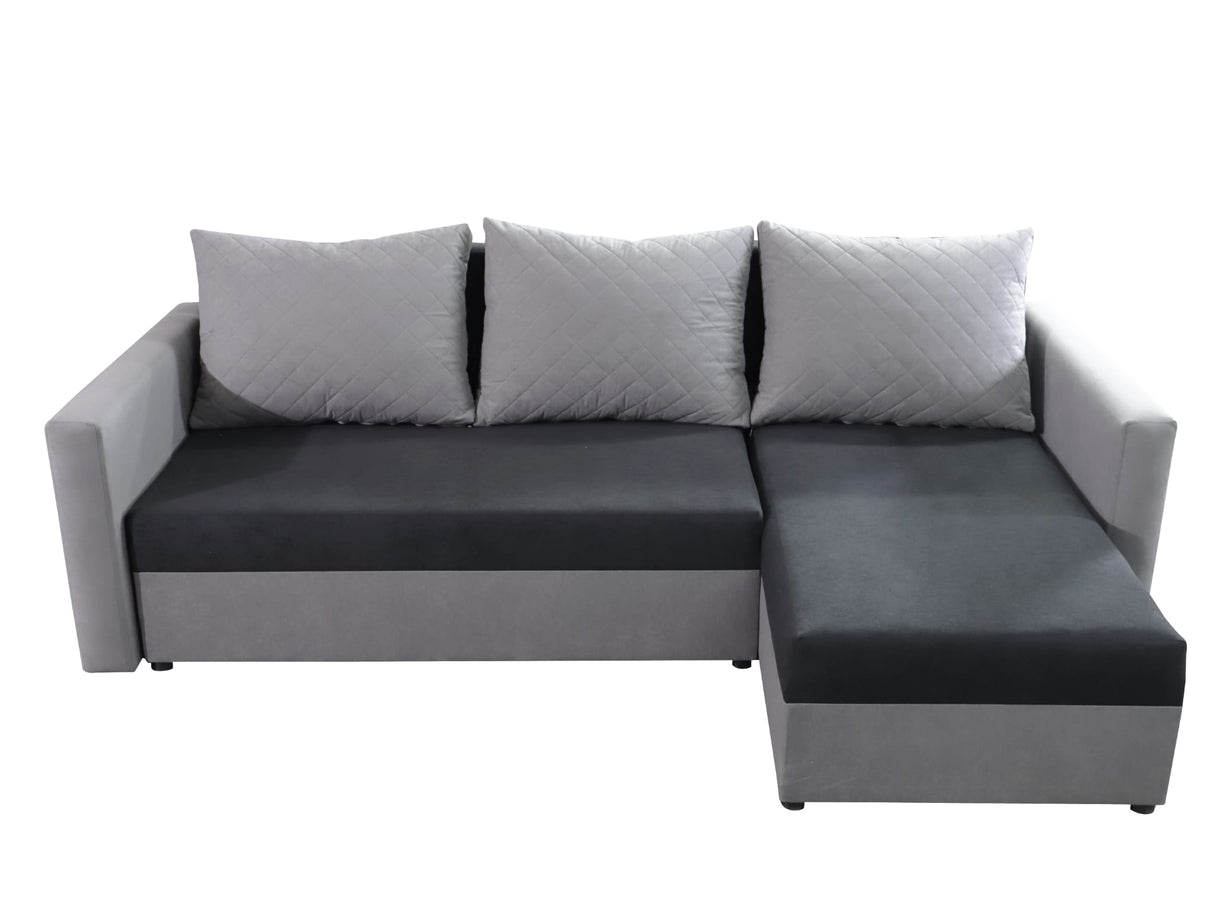 CORNER SOFA BED KEN GREY/BLACK 14+15 222cm universal RIGHT/LEFT CORNER / FOAMTHIS MODEL IN UNIVERSAL WHICH MEANS YOU CAN CHOOSE CORNER SIDE DURING ASSEMBLY3x PILLOWS INCLUDED1X STORAGE SPACESLEEPING FUNCTIONDIMENTIONSWidth: 222 cmDepth: 138cmSleeping area
