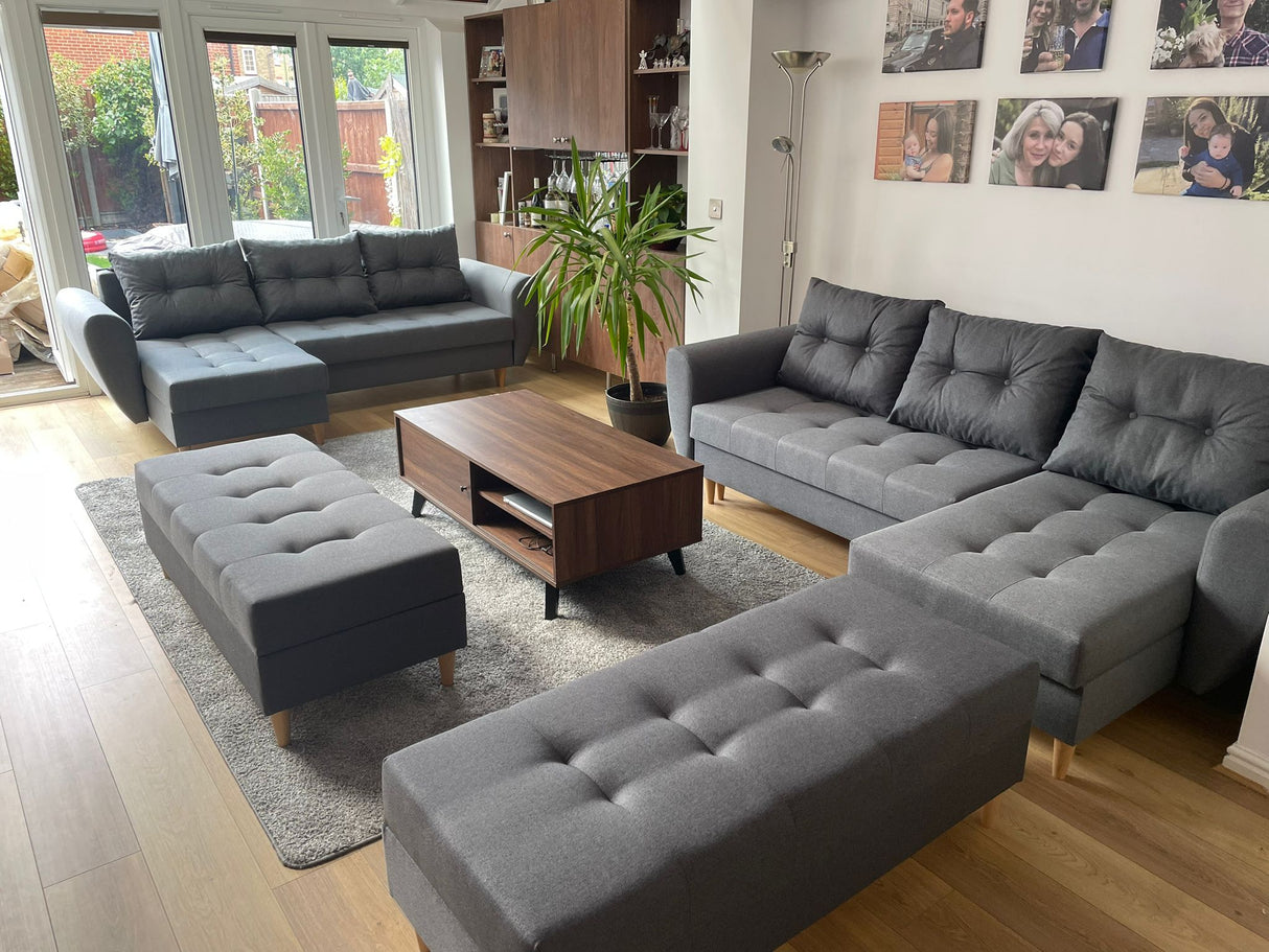 CORNER SOFA BED PALMO 2X STORAGE SPACE MALMO 95 GREY 240cm universal RIGHT/LEFT CORNER / BONELL SPRINGS + FOAMVIEW ALL COLORS CLICK HERETHIS MODEL IS UNIVERSAL WHICH MEANS YOU CAN CHOOSE CORNER SIDE DURING ASSEMBLYMADE IN MALMO FABRIC CLICK HERE3x PILLOWS