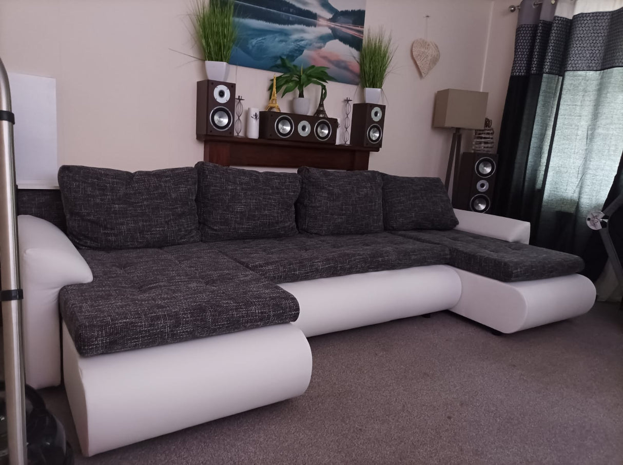CORNER SOFA BED PRADO U LAWA 17/1115 DARK GREY/WHITE 300CM / SPRINGS + FOAMWavy springs CHOICE OF COLOR large sleeping areaSEAT AND CUSHION MADE IN LAWA FABRIC CLICK HERE BOTTOM AND SIDES MADE ON FAUX LEATHER SOFT CLICK HERE Dimensions W: 300cm D:152cm H: