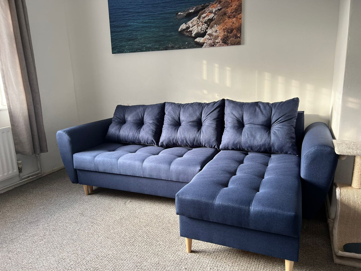 CORNER SOFA BED PALMO 2X STORAGE SPACE BLUE MALMO 79 240cm universal RIGHT/LEFT CORNER / BONELL SPRINGS + FOAMVIEW ALL COLORS CLICK HERETHIS MODEL IS UNIVERSAL WHICH MEANS YOU CAN CHOOSE CORNER SIDE DURING ASSEMBLYMADE IN MALMO FABRIC CLICK HERE3x PILLOW