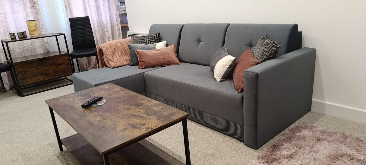 CORNER SOFA BED TEXAS 222CM UNIVERSAL RIGHT/LEFT CORNER CHOICE OF 15 COLORS / FOAMTHIS MODEL IS UNIVERSAL WHICH MEANS YOU CAN CHOOSE CORNER SIDE DURING ASSEMBLY CORNER SOFA BED TEXASFOAM T301X STORAGE SPACE3X PILLOWS MADE OF FOAMEASY CLEAN SOFT TOUCH FABR