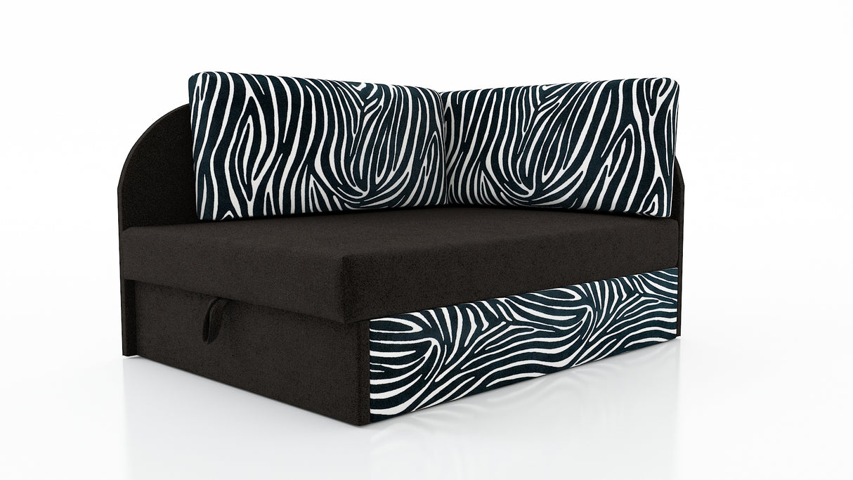 UNIVERSAL CORNER SOFA BED KUBUS CUBE BLACK / ZEBRA Children roomTHIS MODEL IS UNIVERSAL WHICH MEANS YOU CAN CHOOSE CORNER SIDE DURING ASSEMBLYCHILDREN CORNER SOFA BEDSOFKA NAROZNIK TAPCZANIK DZIECIECY - depth 77 cm- width 106 cm- height with bacon 50 cm-