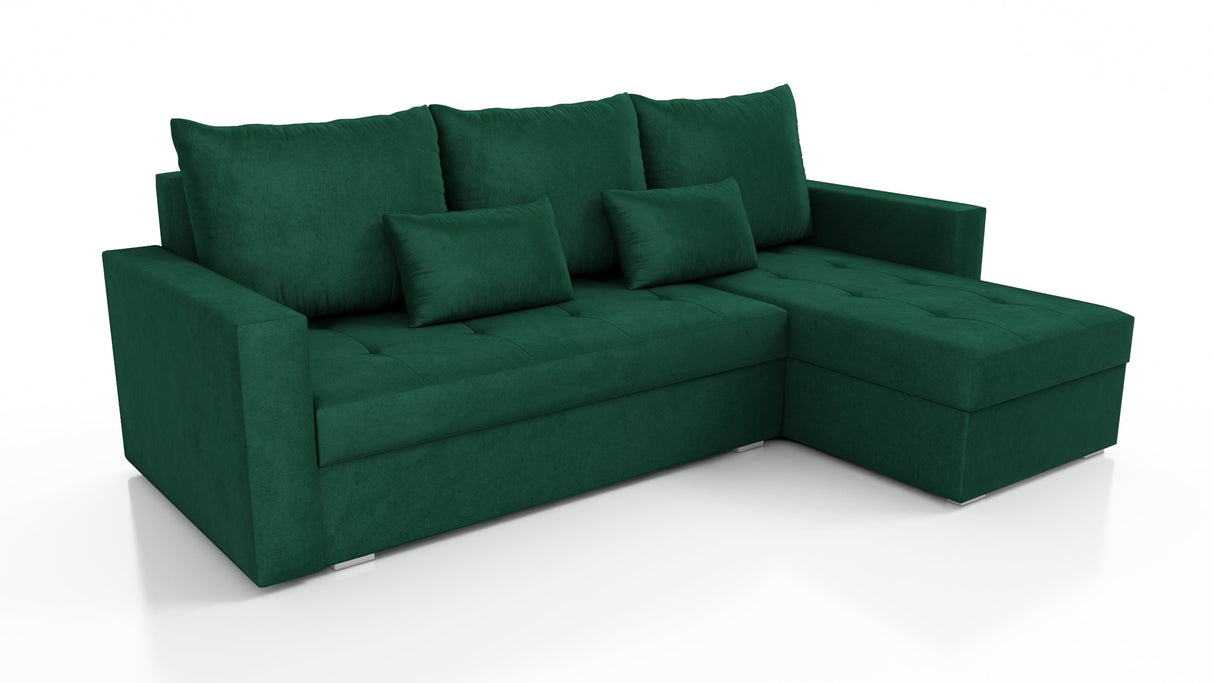 UNIVERSAL CORNER SOFA BED LOTUS 229CM GREEN KRONOS 19 2X STORAGE SPACE / FOAM 2X STORAGETHIS MODEL IS UNIVERSAL WHICH MEANS YOU CAN CHOOSE CORNER SIDE DURING ASSEMBLYSpecification made on foam construction made of board / pine wood / hdf satin plastic leg