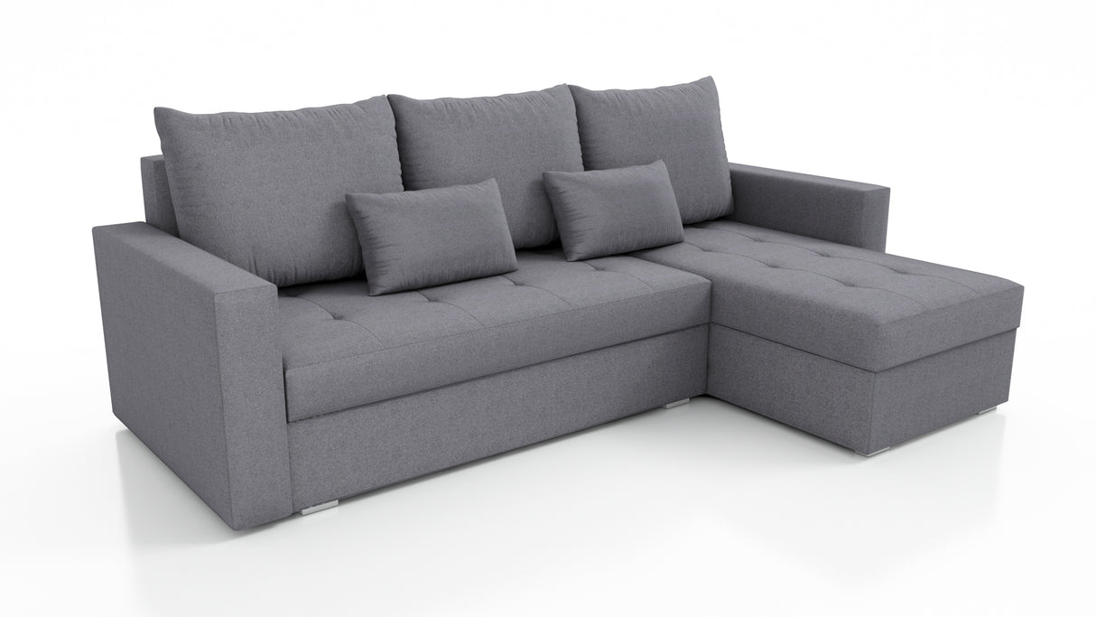UNIVERSAL CORNER SOFA BED LOTUS 229CM GREY SAWANA 05 2X STORAGE SPACE / FOAM 2X STORAGETHIS MODEL IS UNIVERSAL WHICH MEANS YOU CAN CHOOSE CORNER SIDE DURING ASSEMBLYSpecification made on foam construction made of board / pine wood / hdf satin plastic leg