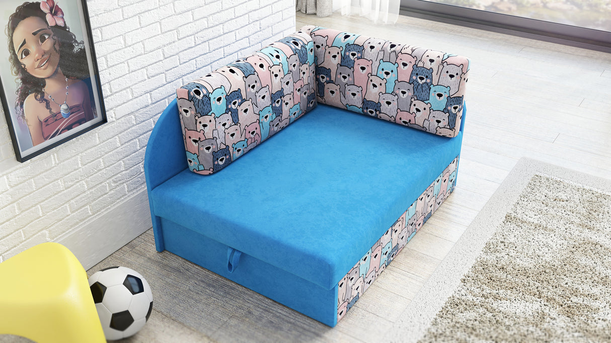 UNIVERSAL CORNER SOFA BED KUBUS CUBE BLUE / TEDDY Children roomTHIS MODEL IS UNIVERSAL WHICH MEANS YOU CAN CHOOSE CORNER SIDE DURING ASSEMBLYCHILDREN CORNER SOFA BEDSOFKA NAROZNIK TAPCZANIK DZIECIECY - depth 77 cm- width 106 cm- height with bacon 50 cm- 7