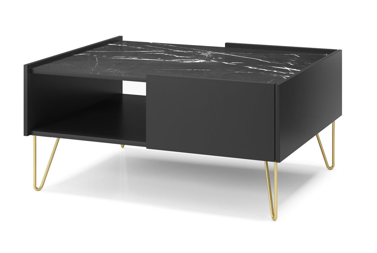 Coffee Table HARMONY 05 black / black marbleTV Stand HARMONY 01 (144/55/37) Colour Black / Black marble + Golden Material Laminated board 16mm Veneer Edging ABS Metal LegsAnna Furniture