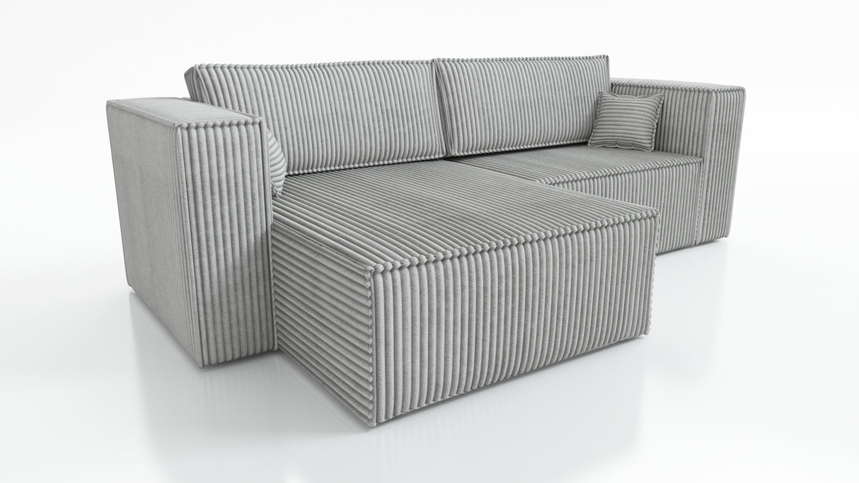CORNER SOFA BED OTTO TILIA 255CM UNIVERSAL CORNEROTTO corner sofacontainer dimensions:• length: 97 cm,• width: 62 cm,• height: 24 cm.Sleeping function:width 205 cmdepth 125 cm/ 138 cmpackaging:sides: 95/50/73 28 kgdouble + backrest: 62/78/103 39 kgottoman