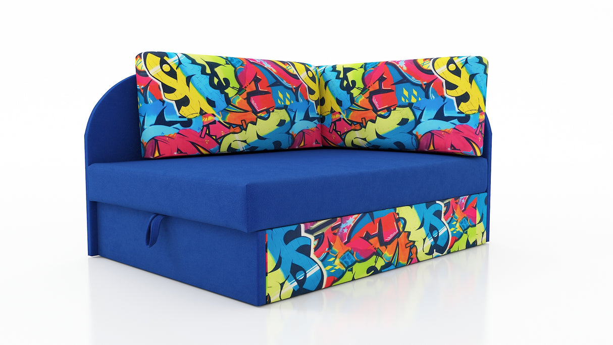 UNIVERSAL CORNER SOFA BED KUBUS CUBE BLUE / GRAPHITI Children roomTHIS MODEL IS UNIVERSAL WHICH MEANS YOU CAN CHOOSE CORNER SIDE DURING ASSEMBLYCHILDREN CORNER SOFA BEDSOFKA NAROZNIK TAPCZANIK DZIECIECY - depth 77 cm- width 106 cm- height with bacon 50 cm
