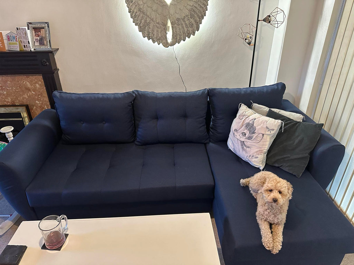 CORNER SOFA BED PALMO 2X STORAGE SPACE BLUE MALMO 79 240cm universal RIGHT/LEFT CORNER / BONELL SPRINGS + FOAMVIEW ALL COLORS CLICK HERETHIS MODEL IS UNIVERSAL WHICH MEANS YOU CAN CHOOSE CORNER SIDE DURING ASSEMBLYMADE IN MALMO FABRIC CLICK HERE3x PILLOW