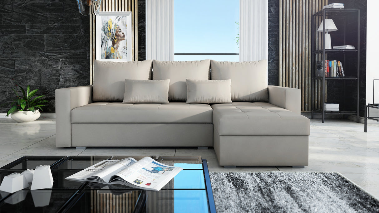 UNIVERSAL CORNER SOFA BED LOTUS 229CM BEIGE PAROS02 / FOAM 2X STORAGETHIS MODEL IS UNIVERSAL WHICH MEANS YOU CAN CHOOSE CORNER SIDE DURING ASSEMBLYSpecification made on foam construction made of board / pine wood / hdf satin plastic leg container for bedd