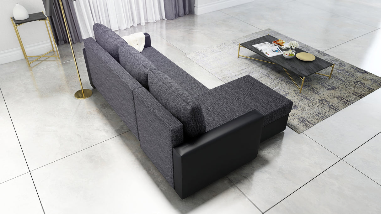 CORNER SOFA BED FOXY UNIVERSAL CORNER BERLIN 02 / BLACK FAUX LEATHER / FOAMTHIS MODEL IS UNIVERSAL WHICH MEANS YOU CAN CHOOSE CORNER SIDE DURING ASSEMBLY 1X Storage space 3X pillow includedzippered pillowshighly elastic foam t30/42sleeping functionunivers