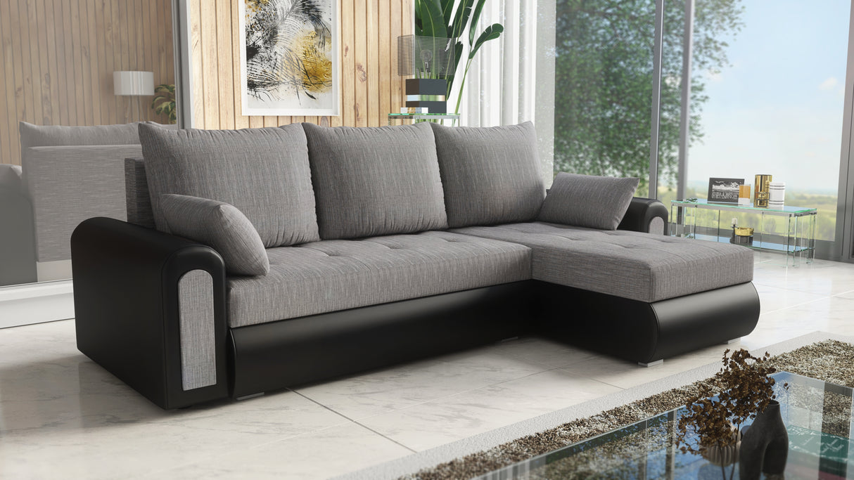 UNIVERSAL CORNER SOFA BED ECO 240CM GREY/BLACK FAUX LEATHER BERLIN 01 / MADRYT 9100 2X STORAGETHIS MODEL IS UNIVERSAL WHICH MEANS YOU CAN CHOOSE CORNER SIDE DURING ASSEMBLY Specifications: frame made of pine wood and furniture board (synee) Seats are made