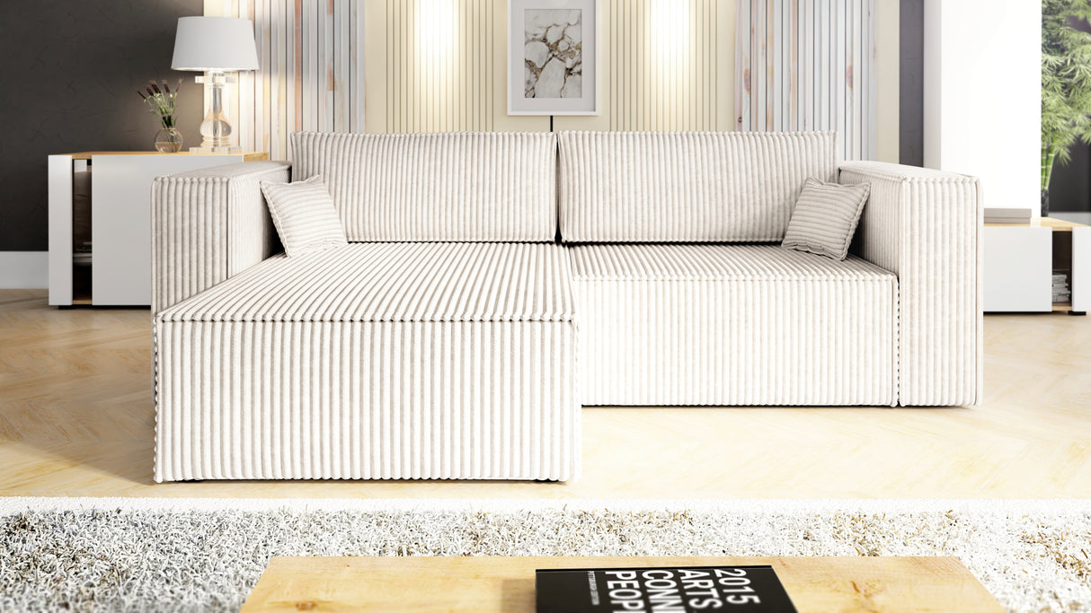 CORNER SOFA BED OTTO TILIA 255CM UNIVERSAL CORNEROTTO corner sofacontainer dimensions:• length: 97 cm,• width: 62 cm,• height: 24 cm.Sleeping function:width 205 cmdepth 125 cm/ 138 cmpackaging:sides: 95/50/73 28 kgdouble + backrest: 62/78/103 39 kgottoman