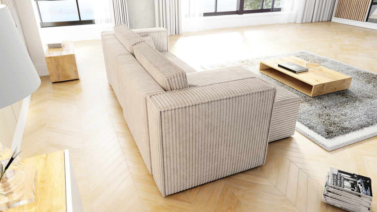 CORNER SOFA BED OTTO TILIA 255CM UNIVERSAL CORNEROTTO corner sofacontainer dimensions:• length: 97 cm,• width: 62 cm,• height: 24 cm.Sleeping function:width 205 cmdepth 125 cm/ 138 cmpackaging:sides: 95/50/73 28 kgdouble + backrest: 62/78/103 39 kgottoman