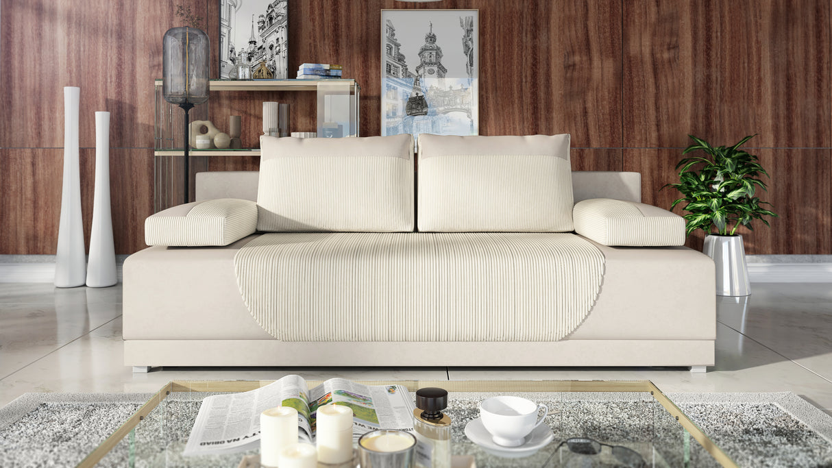 NEW!! SOFA BED CLEO 201CM POSO 100 PAROS 02The new sofa from the CLEO collection is a classic style and great functionality. Beautiful sewing and 4 large, soft pillows add to its unique charm. Thanks to the standard use of wave springs and highly elastic