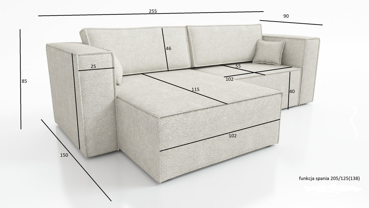 CORNER SOFA BED OTTO VOGUE 255CM UNIVERSAL CORNEROTTO corner sofacontainer dimensions:• length: 97 cm,• width: 62 cm,• height: 24 cm.Sleeping function:width 205 cmdepth 125 cm/ 138 cmpackaging:sides: 95/50/73 28 kgdouble + backrest: 62/78/103 39 kgottoman
