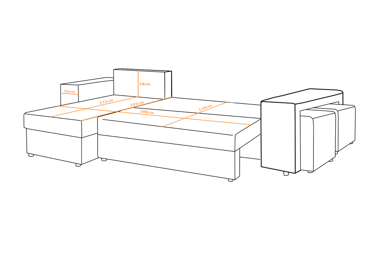 CORNER SOFA BED LEON 255CM 2X STORAGE SPACE UNIVERSAL CORNER RIGHT/LEFT CORNER / BONELL SPRINGS + FOAMFEATURES:BONELL SPRINGS + T28 FOAM 3 X LARGE BACKREST PILLOWS 2X STORAGE SPACE 2X STOOLBed-folding function DL SYSTEM (The unfolding process involves gen