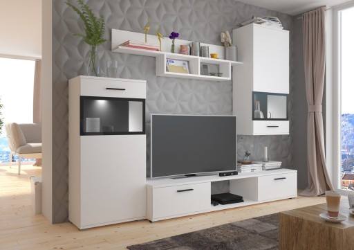 TV WALL UNIT MAXI WhiteOverall dimensions of the wall unit: 2300 x 2000 x 402mm (W x H x D)Number of packages: 2Front:- 15mm white laminated board- melamine rim- glass with a black print- handle: 128mm plasticBody:- 15mm white laminated board- melamine ri