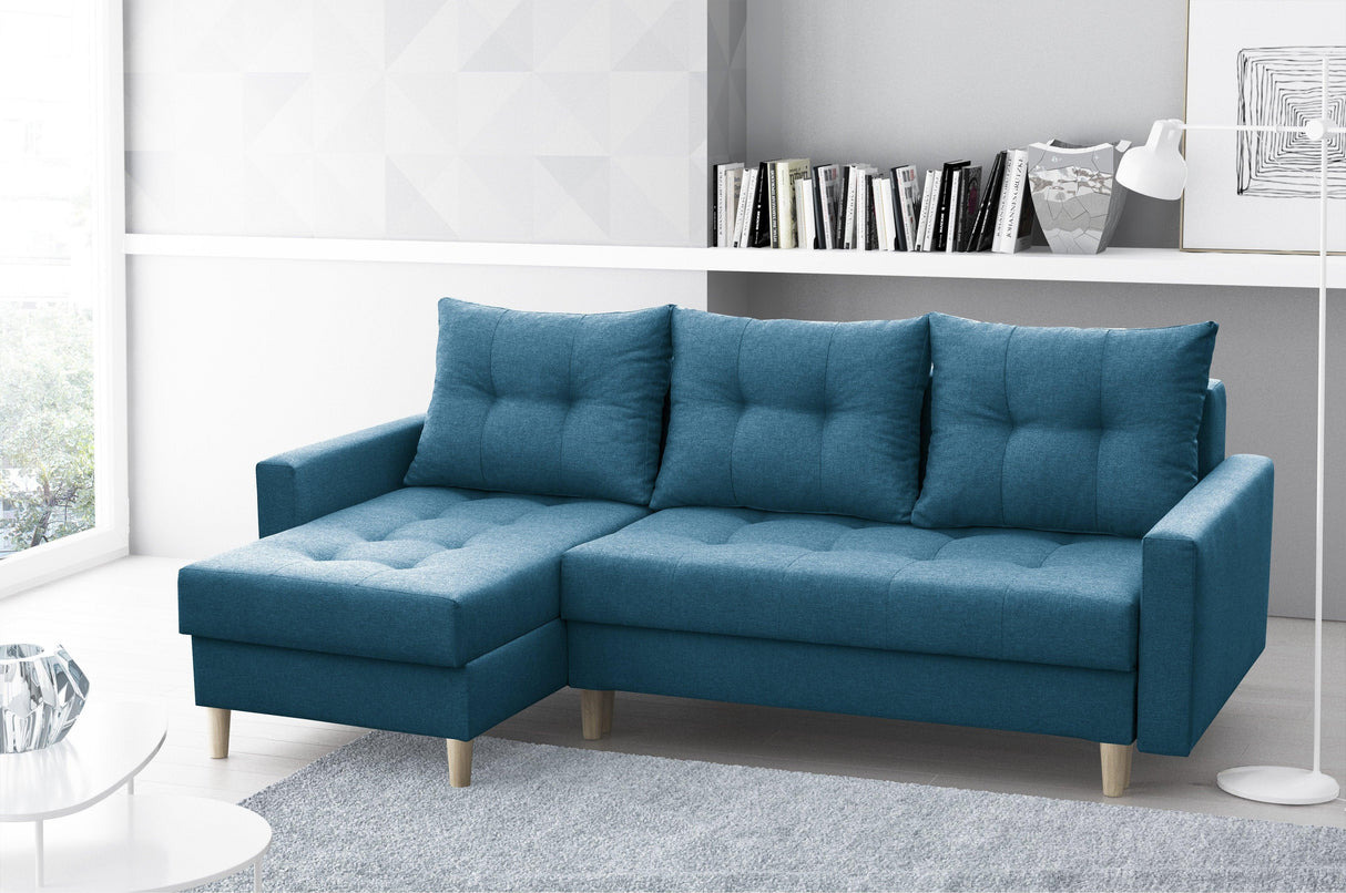 CORNER SOFA BED BRIAN 2X STORAGE SPACE MALMO 85 222x140cm universal RIGHT/LEFT CORNER / BONELL SPRINGS + FOAMTHIS MODEL IS UNIVERSAL WHICH MEANS YOU CAN CHOOSE CORNER SIDE DURING ASSEMBLYMADE IN MALMO FABRIC CLICK HERE3x PILLOWS INCLUDED2X STORAGE SPACEWO