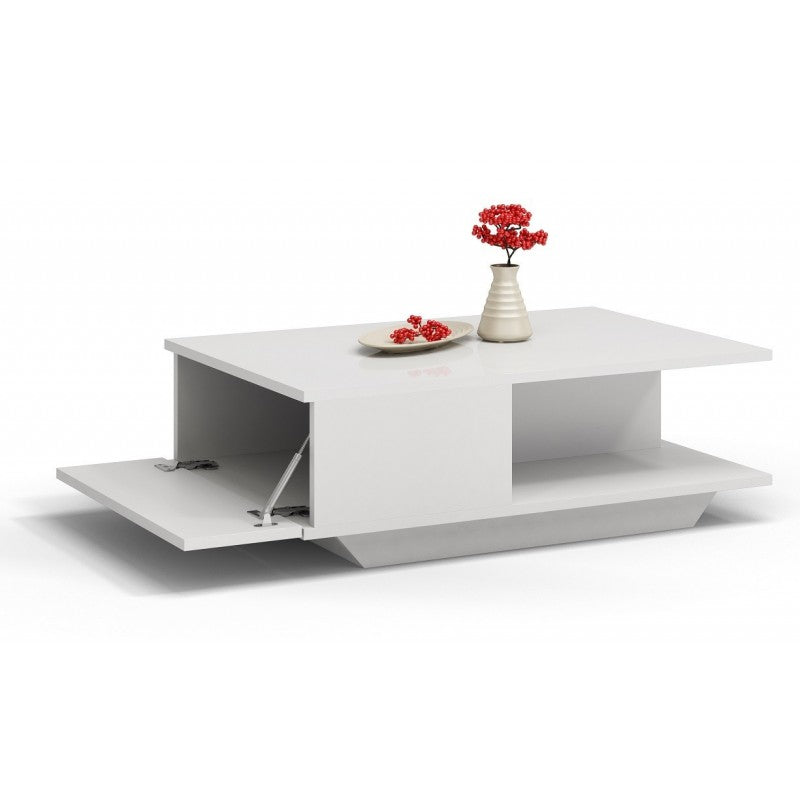 COFFEE TABLE DENVER WHITE GLOSS TOP AND DRAW FRONT 60x90cmDIMENSIONS:Width: 60 cmHeight: 42 cmDepth: 90 cm Table top: 60 x 90 cm Tabletop thickness: 16 mmMATERIAL: Body - 16mm laminated chipboard. The door and the top - laminated chipboard 17mm thick, lac