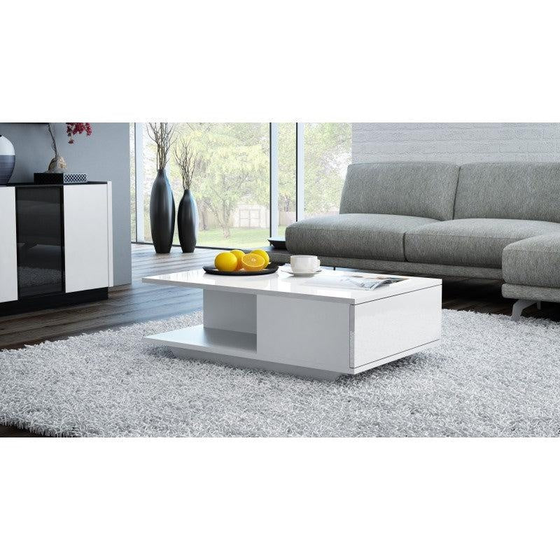COFFEE TABLE DENVER WHITE GLOSS TOP AND DRAW FRONT 60x90cmDIMENSIONS:Width: 60 cmHeight: 42 cmDepth: 90 cm Table top: 60 x 90 cm Tabletop thickness: 16 mmMATERIAL: Body - 16mm laminated chipboard. The door and the top - laminated chipboard 17mm thick, lac