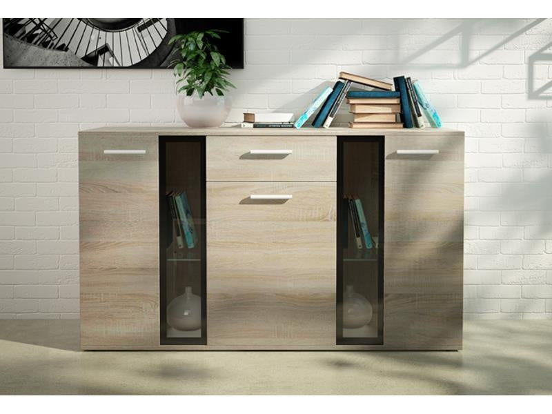 SIDEBOARD SALSA SONOMA LED LIGHTS OPTIONAL 140CMDimensions: 1404 x 800 x 402mm (W x H x D)Number of packages: 2Front:- 15mm white laminated board- melamine rim- glass with a black print- handle: 128mm plasticBody:- 15mm white laminated board- melamine rim