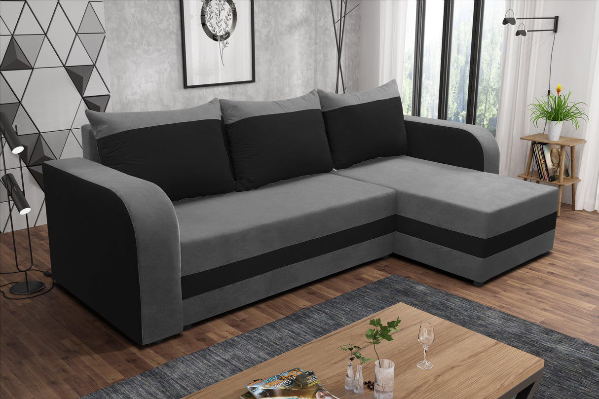 CORNER SOFA BED ALEXA GREY / BLACK 238cm universal RIGHT/LEFT CORNER / FOAMTHIS MODEL IN UNIVERSAL WHICH MEANS YOU CAN CHOOSE CORNER SIDE DURING ASSEMBLY3x PILLOWS INCLUDED1X STORAGE SPACESLEEPING FUNCTIONDIMENTIONSWidth: 238 cmDepth: 140cmSleeping area: