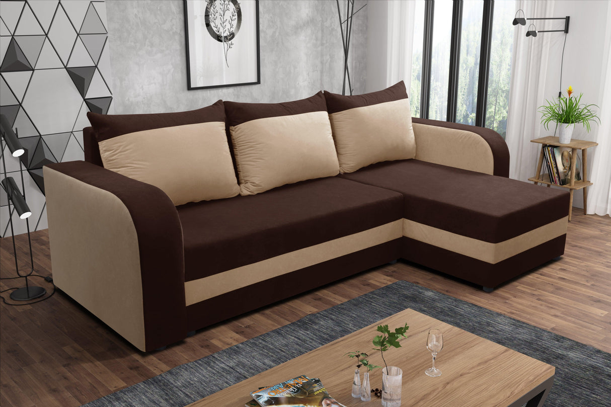 CORNER SOFA BED ALEXA BROWN / BEIGE 238cm universal RIGHT/LEFT CORNER / FOAMTHIS MODEL IN UNIVERSAL WHICH MEANS YOU CAN CHOOSE CORNER SIDE DURING ASSEMBLY3x PILLOWS INCLUDED1X STORAGE SPACESLEEPING FUNCTIONDIMENTIONSWidth: 238 cmDepth: 140cmSleeping area: