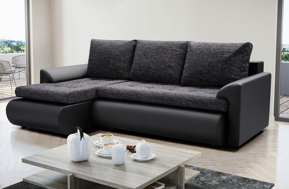 CORNER SOFA BED PRADO LAWA 6/11 226CM / SPRINGS + FOAMSEAT AND CUSHIONS MADE IN LAWA FABRIC CLICK HERE BOTTOM AND SIDES MADE ON FAUX LEATHER SOFT CLICK HERECORNER SOFA BED PRADAWAVY SPRINGSFOAM T30SLEEPING FUNCTIONDIMENSTIONS:WIDTH: 226cmDEPTH: 152CMHEIGH