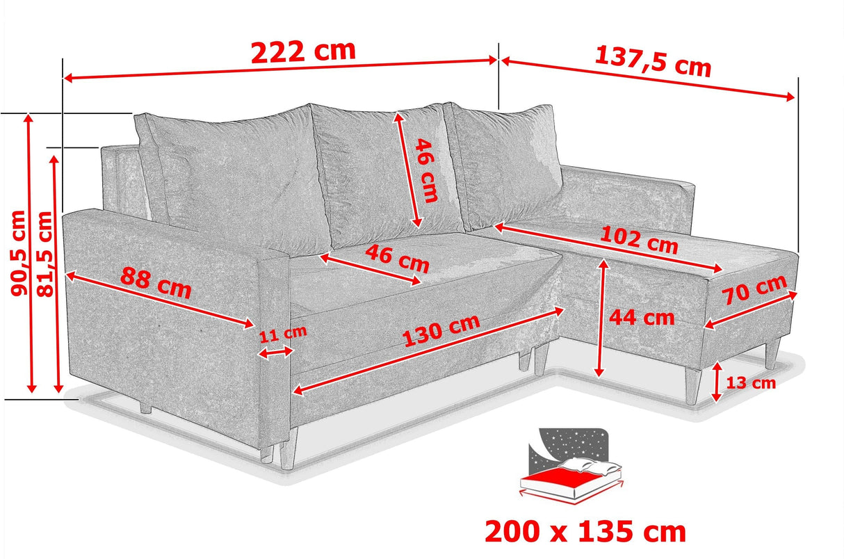 NEW! CORNER SOFA BED SNUGGY 222CM MANILA 26 UNIVERSAL CORNER RIGHT/LEFT / FOAMTHIS MODEL IS UNIVERSAL WHICH MEANS YOU CAN CHOOSE CORNER SIDE DURING ASSEMBLY3x PILLOWS INCLUDED1X STORAGE SPACESOFT TOUCH FABRC MANILA CLICK HERE DIMENTIONS 222X137.5CM SLEEPI