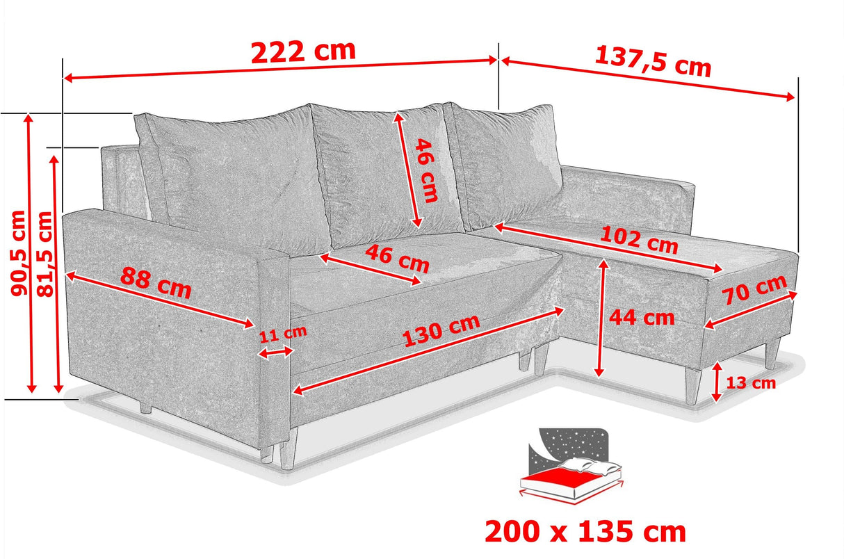 NEW! CORNER SOFA BED SNUGGY 222CM MANILA 20 UNIVERSAL CORNER RIGHT/LEFT / FOAMTHIS MODEL IS UNIVERSAL WHICH MEANS YOU CAN CHOOSE CORNER SIDE DURING ASSEMBLY3x PILLOWS INCLUDED1X STORAGE SPACESOFT TOUCH FABRC MANILA CLICK HEREDIMENTIONS222X137.5CMSLEEPING