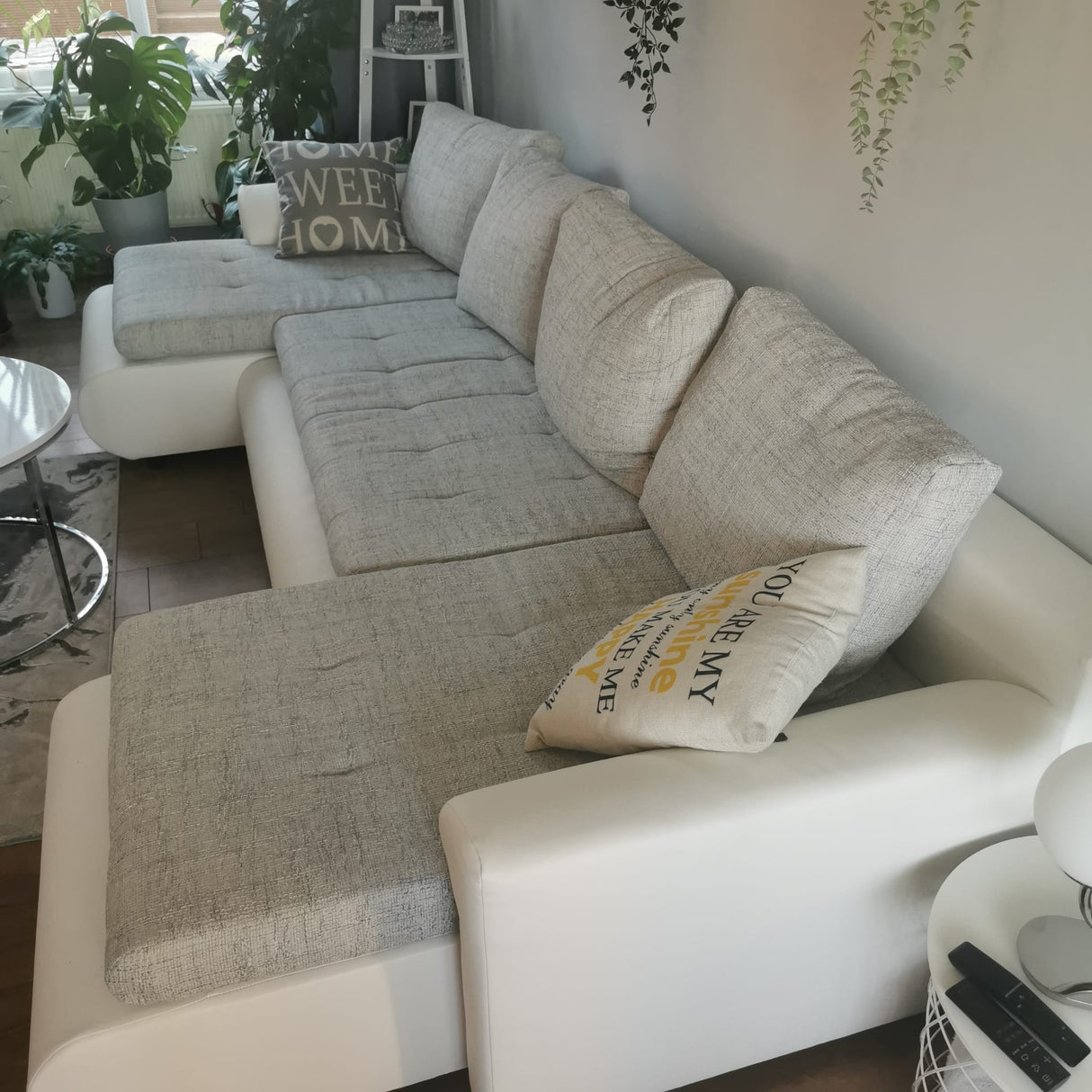 CORNER SOFA BED PRADO U LAWA 09/1115 GREY/WHITE 300CM / SPRINGS + FOAMWavy springs CHOICE OF COLOR large sleeping areaSEAT AND CUSHION MADE IN LAWA FABRIC CLICK HERE BOTTOM AND SIDES MADE ON FAUX LEATHER SOFT CLICK HERE Dimensions W: 300cm D:152cm H: 85cm