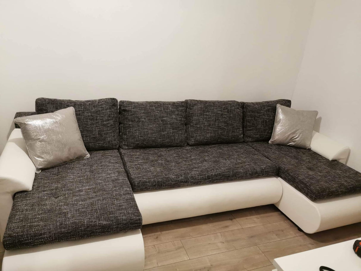 CORNER SOFA BED PRADO U LAWA 17/1115 DARK GREY/WHITE 300CM / SPRINGS + FOAMWavy springs CHOICE OF COLOR large sleeping areaSEAT AND CUSHION MADE IN LAWA FABRIC CLICK HERE BOTTOM AND SIDES MADE ON FAUX LEATHER SOFT CLICK HERE Dimensions W: 300cm D:152cm H: