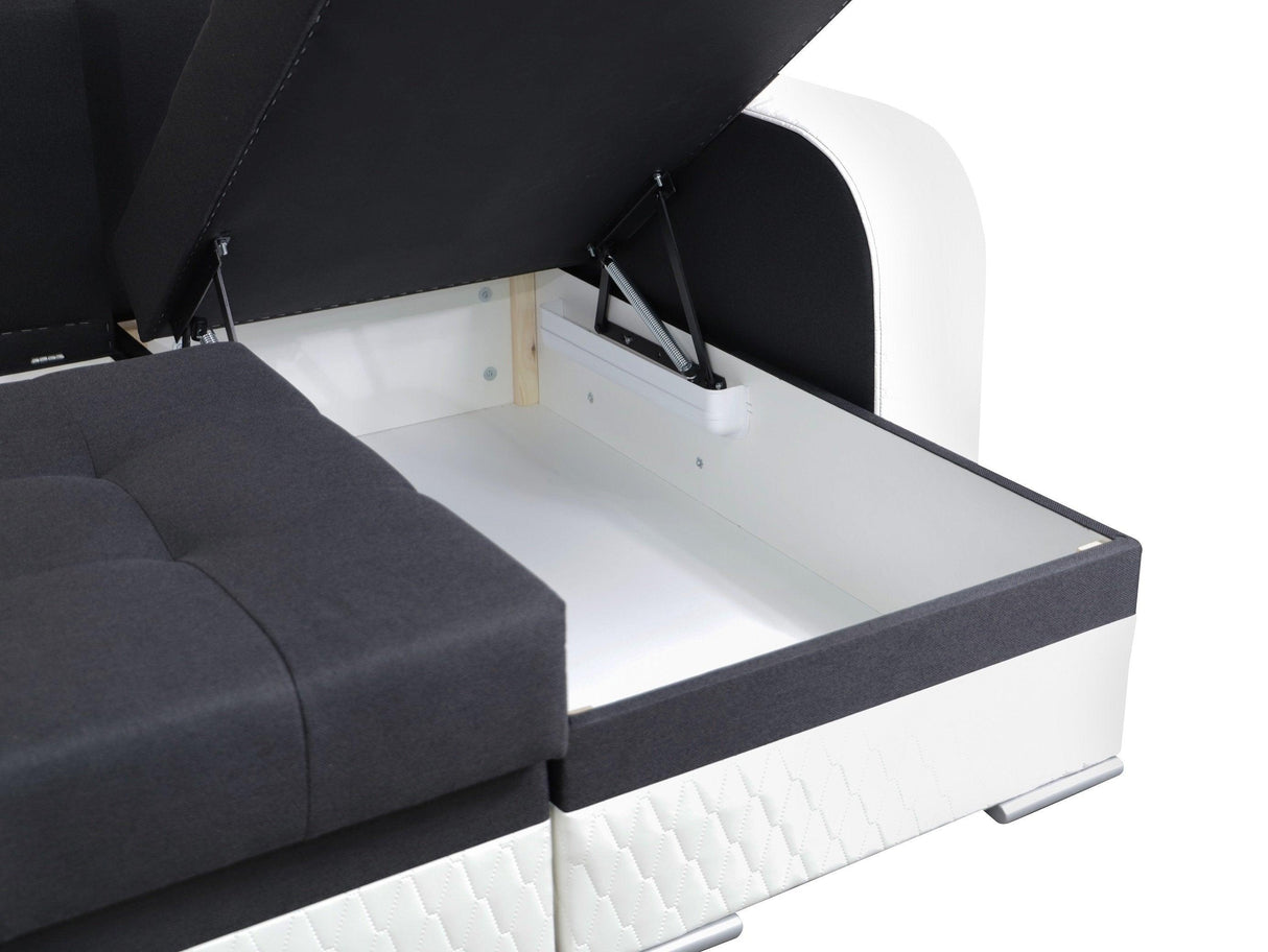 CORNER SOFA BED SAM GRAPHITE / WHITE 236CM 2X STORAGE SPACE universal RIGHT/LEFT CORNER / BONELL SPRINGS + FOAMTHIS MODEL IS UNIVERSAL WHICH MEANS YOU CAN CHOOSE CORNER SIDE DURING ASSEMBLY3x PILLOWS INCLUDED2X STORAGE SPACE BONELL SPRINGS + FOAM - length