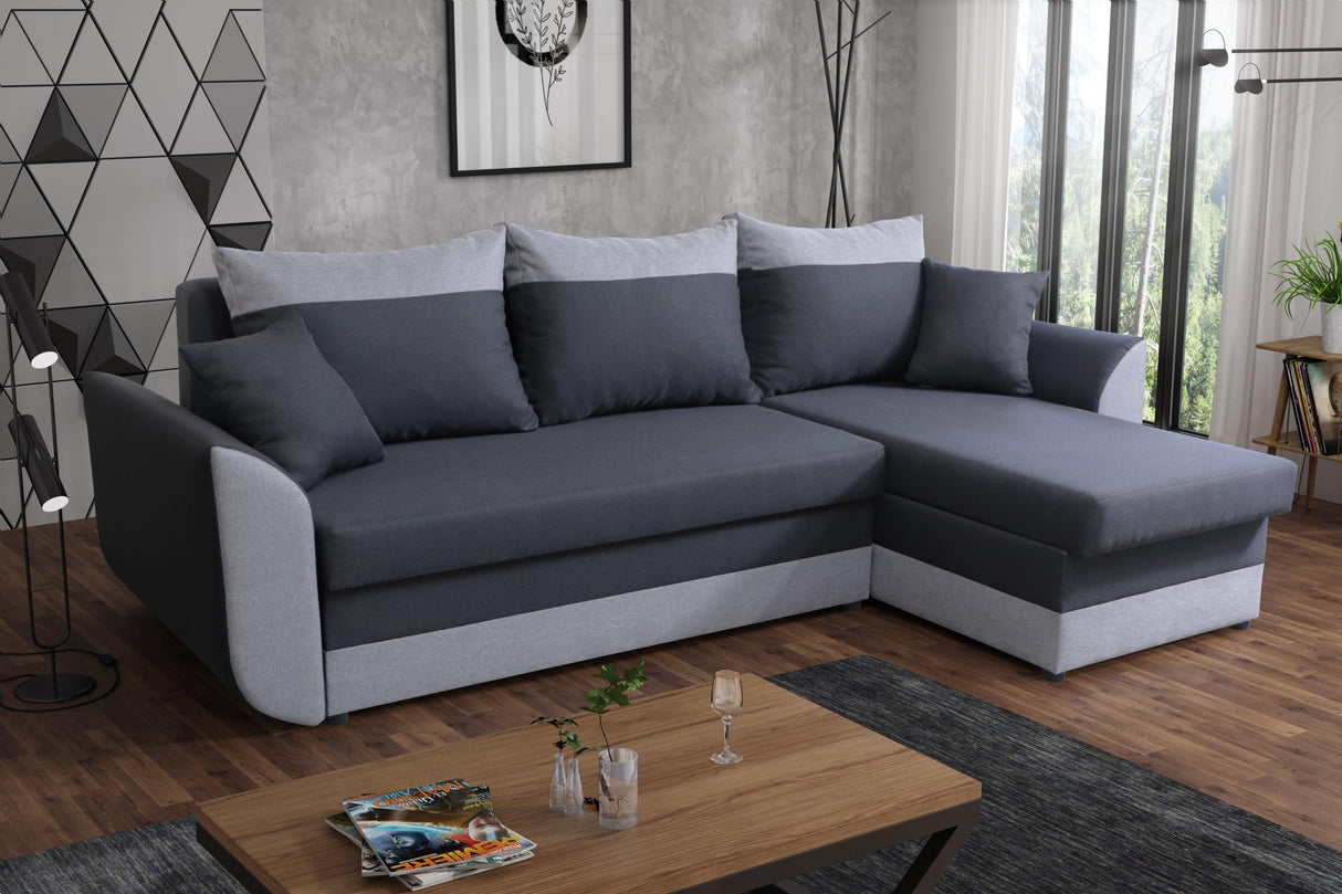 CORNER SOFA BED TRINITY 234CM 2x STORAGE SPACE / FOAM2X Storage space CHOICE OF COLOR FOAM T30MADE IN MALMO FABRIC CLICK HERE Dimensions W: 234cm D:146cm H: 86CM Sleeping area: 131x200cm THIS MODEL IS UNIVERSAL WHICH MEANS YOU CAN CHOOSE CORNER SIDE DURIN