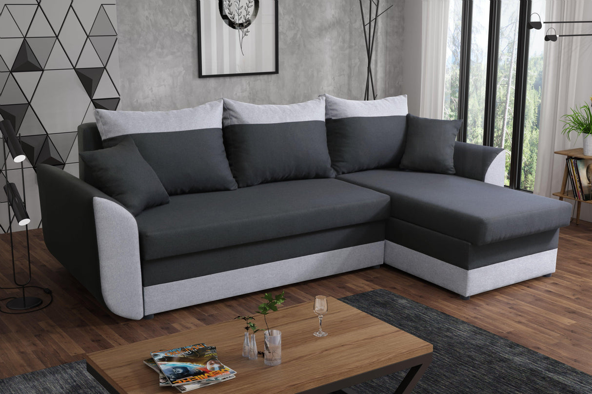 CORNER SOFA BED TRINITY 234CM 2x STORAGE SPACE / FOAM2X Storage space CHOICE OF COLOR FOAM T30MADE IN MALMO FABRIC CLICK HERE Dimensions W: 234cm D:146cm H: 86CM Sleeping area: 131x200cm THIS MODEL IS UNIVERSAL WHICH MEANS YOU CAN CHOOSE CORNER SIDE DURIN