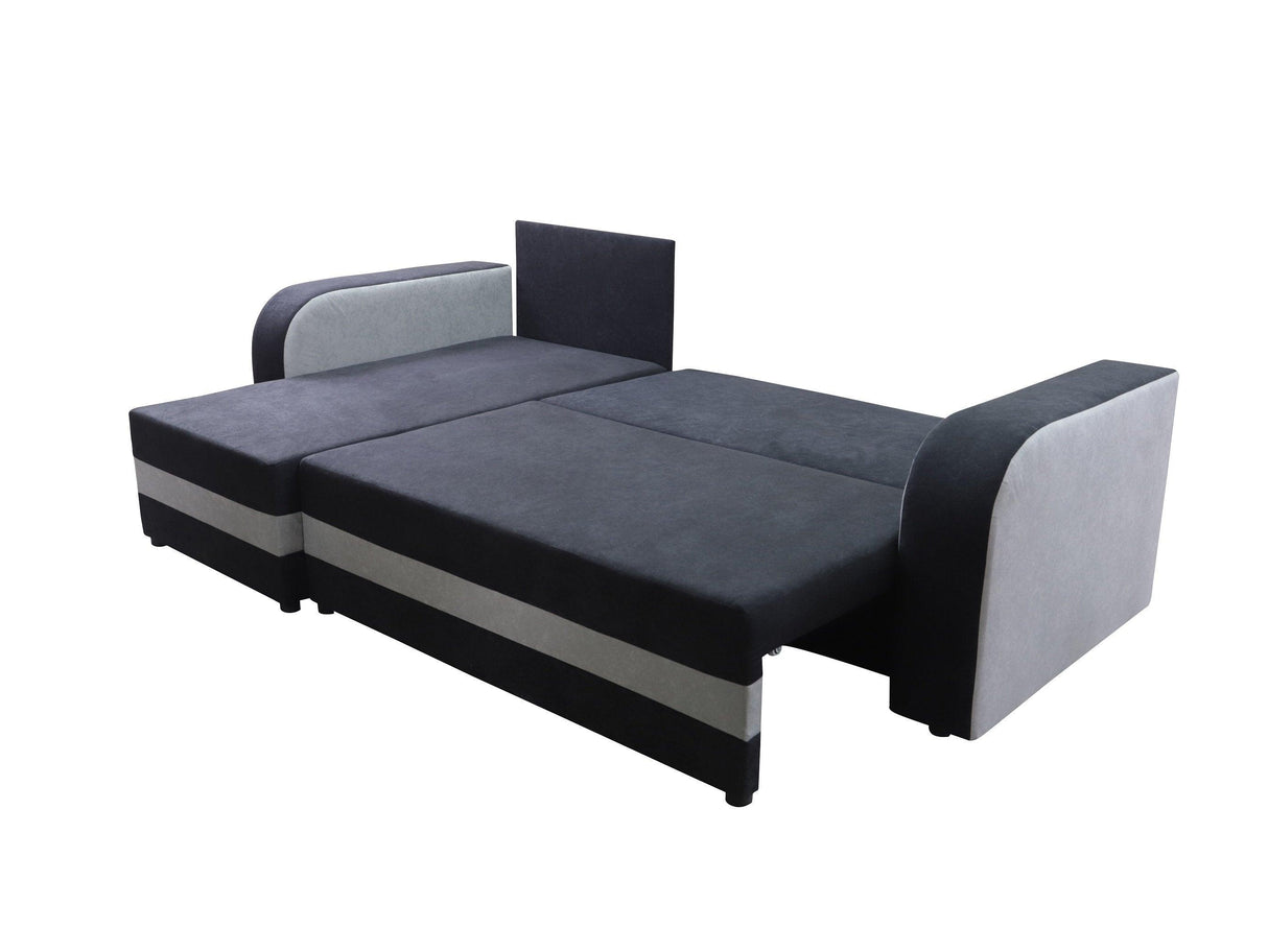 CORNER SOFA BED ALEXA BLACK / DARK GREY 238cm universal RIGHT/LEFT CORNER / FOAMTHIS MODEL IN UNIVERSAL WHICH MEANS YOU CAN CHOOSE CORNER SIDE DURING ASSEMBLY3x PILLOWS INCLUDED1X STORAGE SPACESLEEPING FUNCTIONDIMENTIONSWidth: 238 cmDepth: 140cmSleeping a