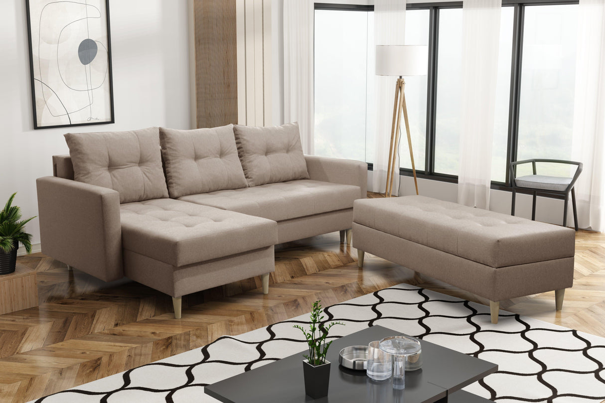 CORNER SOFA BED BRIAN 222CM + STORAGE PUFF / OTTOMAN CHOICE OF COLOR UNIVERSAL RIGHT/LEFT CORNER / BONELL SPINGS + FOAMTHIS MODEL IS UNIVERSAL WHICH MEANS YOU CAN CHOOSE CORNER SIDE DURING ASSEMBLYMADE IN MALMO FABRIC CLICK HERE3x PILLOWS INCLUDED2X STORA