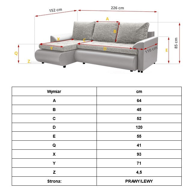 CORNER SOFA BED PRADO LAWA 6/11 226CM / SPRINGS + FOAMSEAT AND CUSHIONS MADE IN LAWA FABRIC CLICK HERE BOTTOM AND SIDES MADE ON FAUX LEATHER SOFT CLICK HERECORNER SOFA BED PRADAWAVY SPRINGSFOAM T30SLEEPING FUNCTIONDIMENSTIONS:WIDTH: 226cmDEPTH: 152CMHEIGH