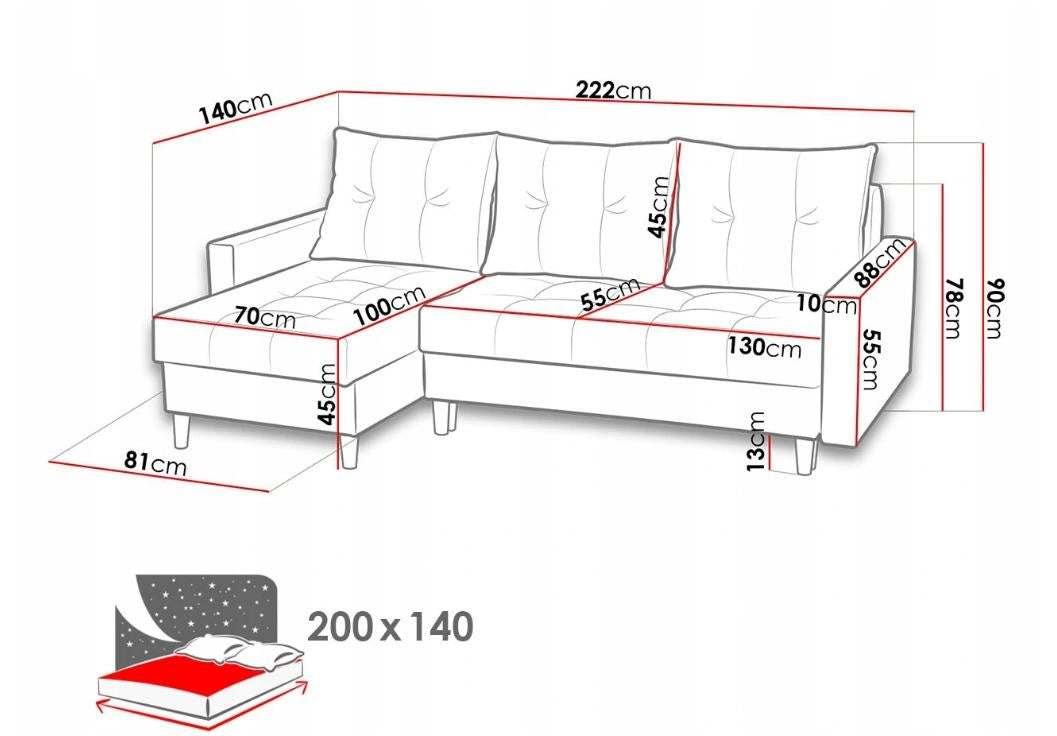 CORNER SOFA BED BRIAN 222x140CM 2X STORAGE SPACE Universal CORNER RIGHT/LEFT / BONELL SPINGS + FOAMTHIS MODEL IS UNIVERSAL WHICH MEANS YOU CAN CHOOSE CORNER SIDE DURING ASSEMBLYMADE IN MALMO FABRIC CLICK HERE3x PILLOWS INCLUDED2X STORAGE SPACEWOODEN LEGSP