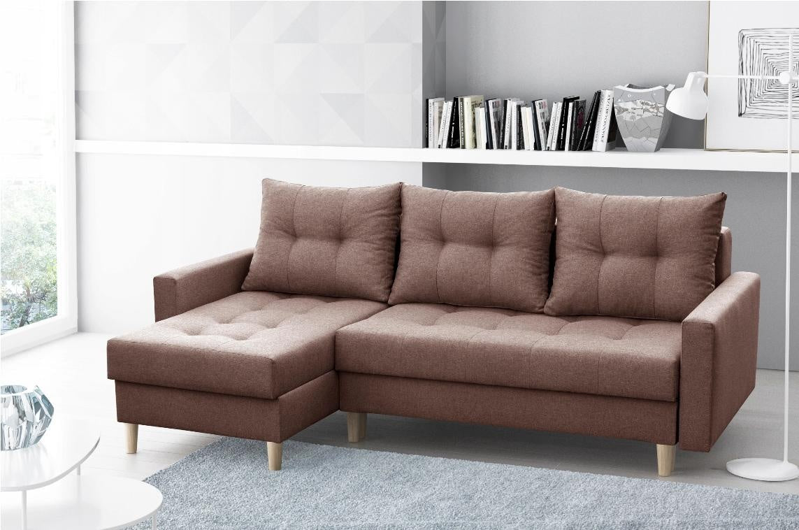 CORNER SOFA BED BRIAN 222x140CM 2X STORAGE SPACE Universal CORNER RIGHT/LEFT / BONELL SPINGS + FOAMTHIS MODEL IS UNIVERSAL WHICH MEANS YOU CAN CHOOSE CORNER SIDE DURING ASSEMBLYMADE IN MALMO FABRIC CLICK HERE3x PILLOWS INCLUDED2X STORAGE SPACEWOODEN LEGSP